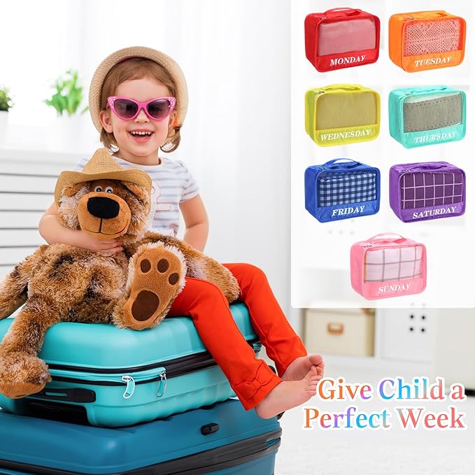 Days of Week Packing Cubes Weekly Organizer Travel Storage Bag School Clothes for Kids Summer Camp Family(9x7x3inch,Rainbow,1
