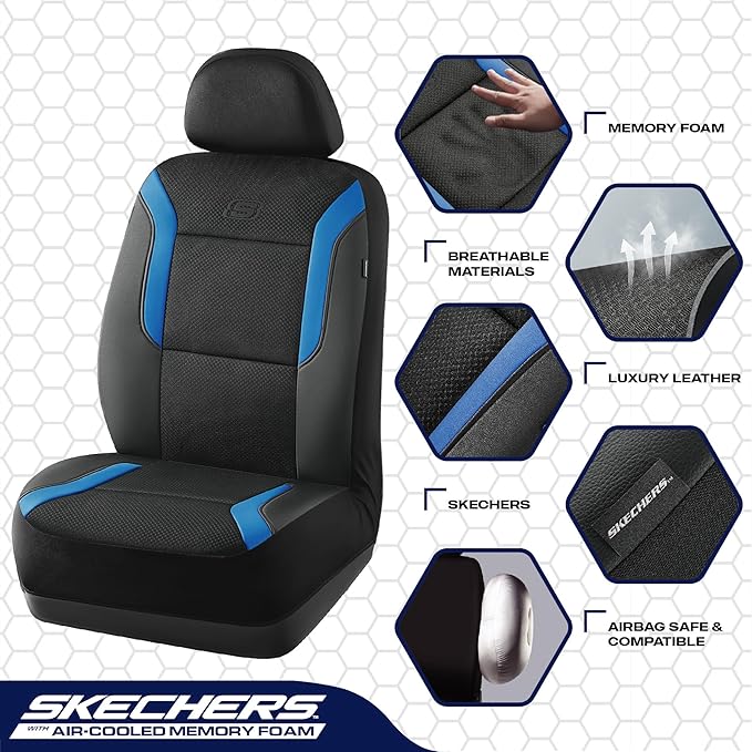 Skechers Memory Foam Car Seat Covers, Air Cool Mesh Thick Seat Covers,Car Seat Covers Front Seats Airbag Compatible, Automoti
