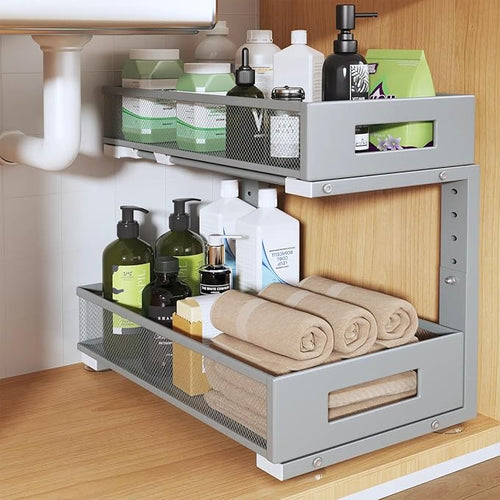 1 Pack 17IN Depth Under Sink Organizer, 2-Tier Pull Out Cabinet Organizer With Smooth Circular Rail, Large Capacity Metal Mes