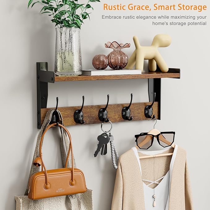 Wall Hooks with Shelf, Wood Coat Rack with Shelf Wall-Mounted, Entryway Hanging Shelves with 5 Metal Hooks for Clothes Hats T