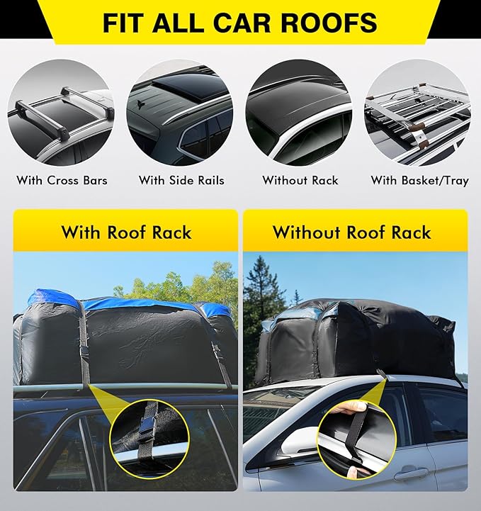 Cyfie Car Rooftop Cargo Carrier Bag, 15 Cubic Feet Waterproof Heavy Duty 420D Oxford Cloth Car Roof Luggage Cargo Storage Bag for All Vehicles with/Without Rack (Black and Blue)