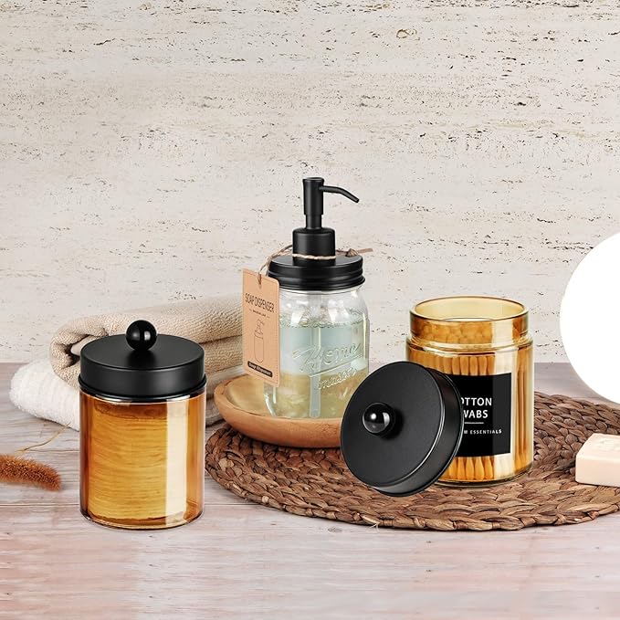 Amolliar Bronze Glass Apothecary Jar, Qtip Holder Metal Lid & Stickers, Bathroom Qtip Dispenser Storage Canister, Perfect for