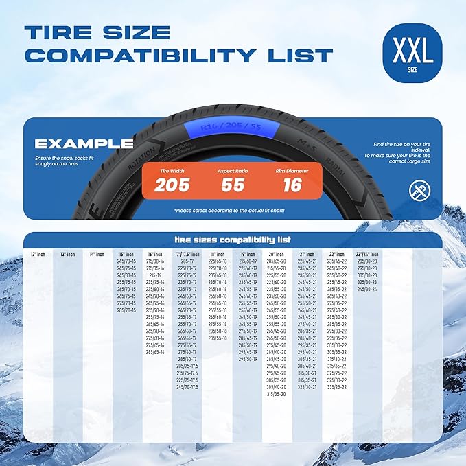 Snow Socks for Tires, Winter Traction Alternative to Snow Chains, Emergency Anti-Slip Tire Covers for Cars/SUVs/Trucks, Reusa