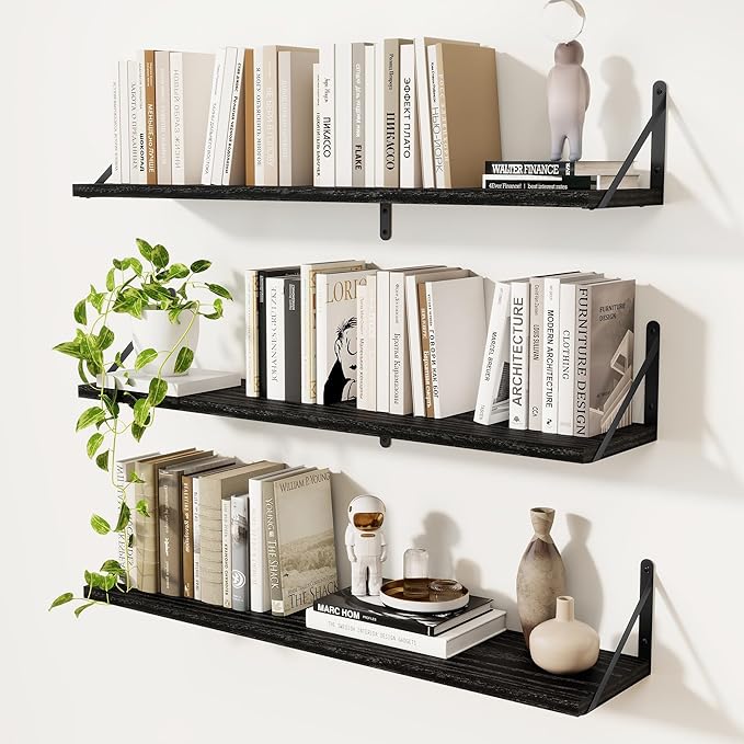 Floating Bookshelf with Brackets, Black Floating Shelves, 36 inch Wall Shelves Set of 3, Particle Board Wooden Shelf for Kitc