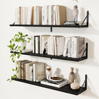 Floating Bookshelf with Brackets, Black Floating Shelves, 36 inch Wall Shelves Set of 3, Particle Board Wooden Shelf for Kitc