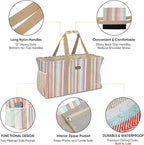 BALEINE Extra Large Utility Tote Bag with Reinforced Wire Frame, Reusable Grocery Bag for Shopping, Picnic (Color Stripe, 22''x12''x10'')