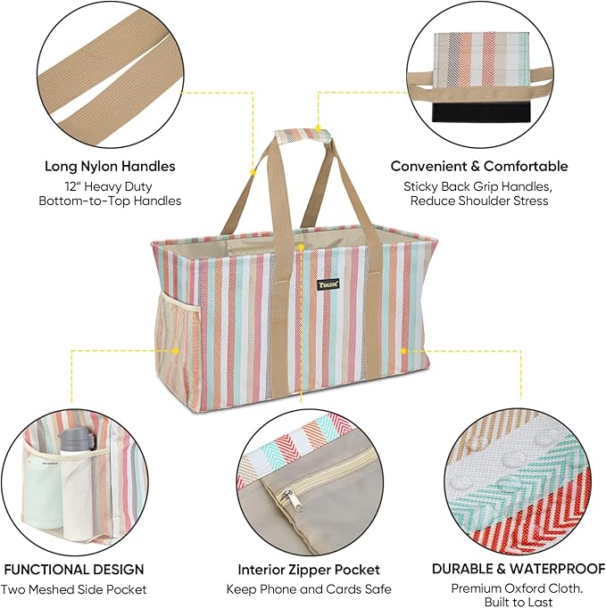 BALEINE Extra Large Utility Tote Bag with Reinforced Wire Frame, Reusable Grocery Bag for Shopping, Picnic (Color Stripe, 22''x12''x10'')