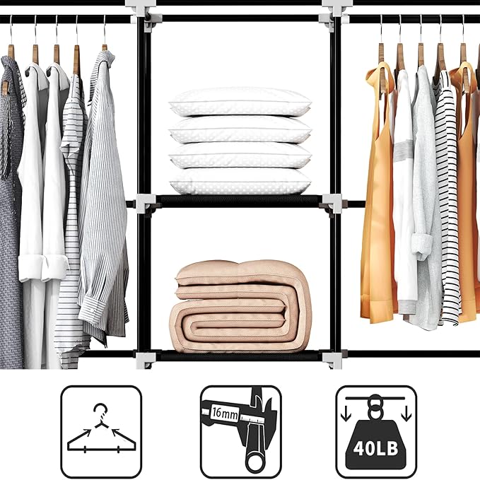 Portable Closet, 51 Inch Wardrobe Closet for Hanging Clothes with 2 Hanging Rods, 8 Storage Organizer Shelves for Bedroom, Du