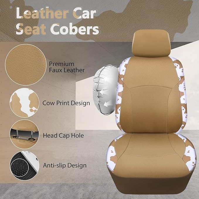 CAR PASS Cow Print Faux Leather Car Seat Covers & Cow Car Mats & Cow Steering Wheel Cover Seat Belt Pads Universal fit for SU