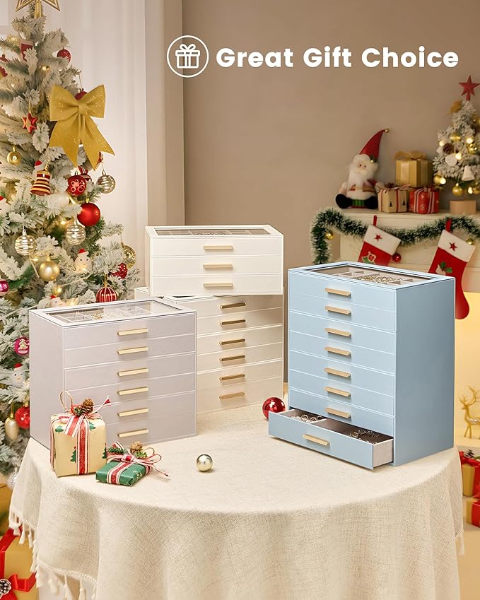 Lolalet Jewelry Box Organizer, 8-Layer Jewelry Organizers and Storage Case with Glass Lid, Ring Earring Bracelet Necklace Hol