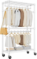 M MZG Heavy Duty Rolling Garment Rack 3 Tiers Adjustable Wire Shelving Clothes Rack with 2 Rods and Side Hooks,Storage Closet