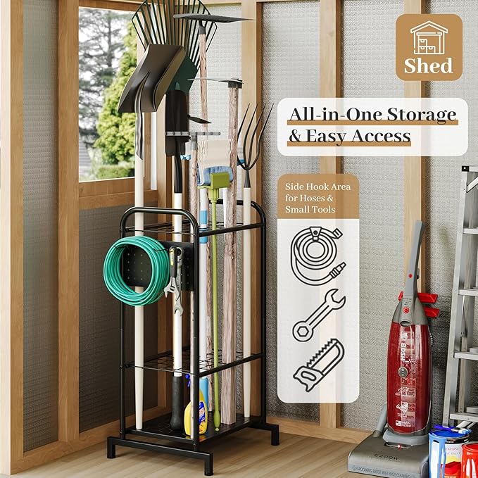 Garden Tool Organizer, Garage Tool Storage Rack, Heavy Duty Metal with Side Pegboard & Adjustable Hooks, Utility Racks for Sh