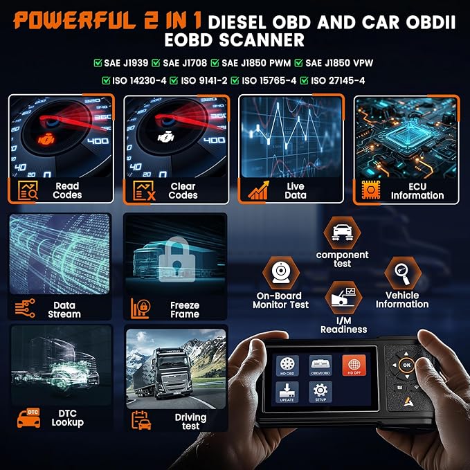 ANCEL HD430 Heavy Duty Truck Scanner, DPF Reset & Forced Regeneration for Cummins & Caterpillar Engine, Full System HDOBD