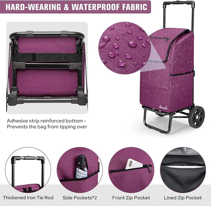 KEDSUM 2 in 1 Shopping Carts for Groceries, 330 lbs Grocery Cart on Wheels, Foldable Utility Carts with Wheels, Load-Bearing Hand Truck with Waterproof Bag for Shopping,Camping,Laundry,Garden, Purple