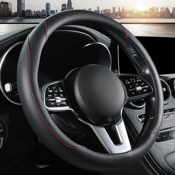 Car Steering Wheel Cover, Microfiber Leather Steering Wheel Cover Universal Fit 14.5-15 inch Anti-Slip Comfortable Breathable