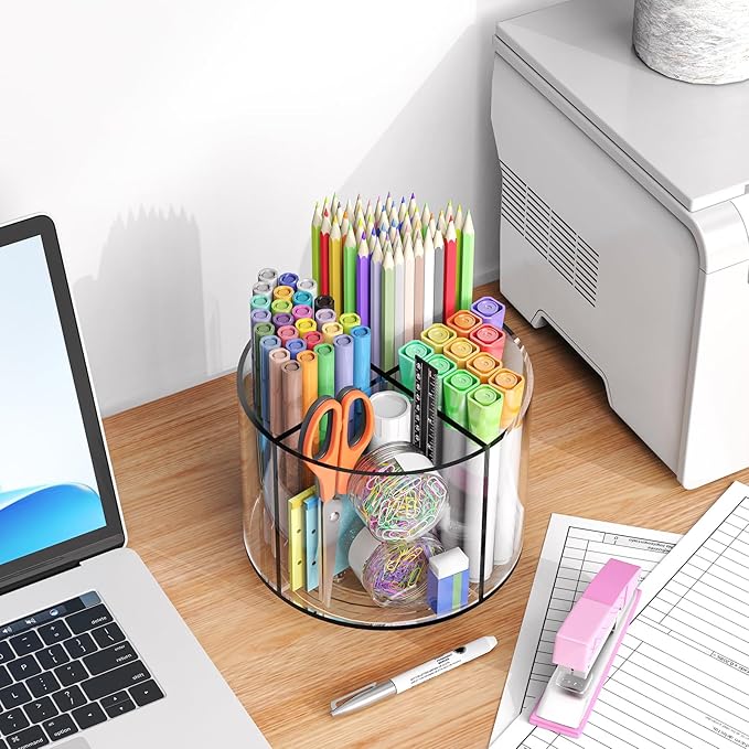 Wawocs Small Pencil Organizer for Desk Acrylic 4 Compartments, Tiny Rotating Art Supply Organizer Kids, Spinning Round Marker