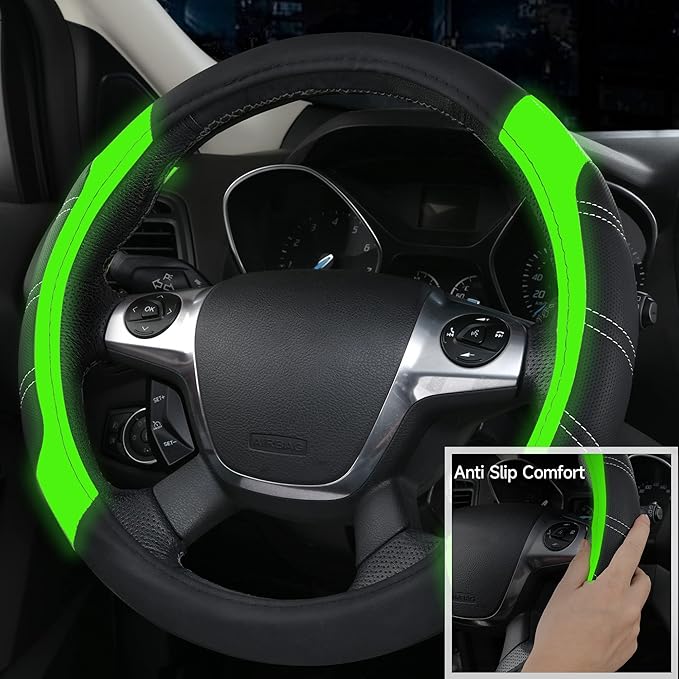 CAR PASS Leather Steering Wheel Cover and Waterproof Car Floor Mats,Microfiber Universal Car Combo Fit for 95% Sedan,SUV,Cars