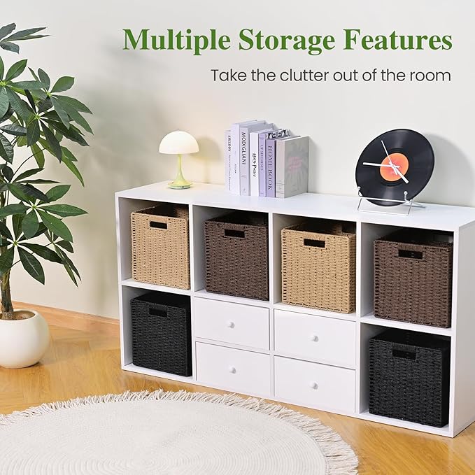 Woven Wicker Storage Baskets 2-Pack, 11x11 Handwoven Paper Rope Organizer Bins, Foldable Cube Storage Cubes with Built-in Han