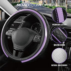 Road Comforts Leather Steering Wheel Cover – Black & Purple, Universal Fit 14.5-15 Inch, Microfiber Leather, Anti-Slip & Brea
