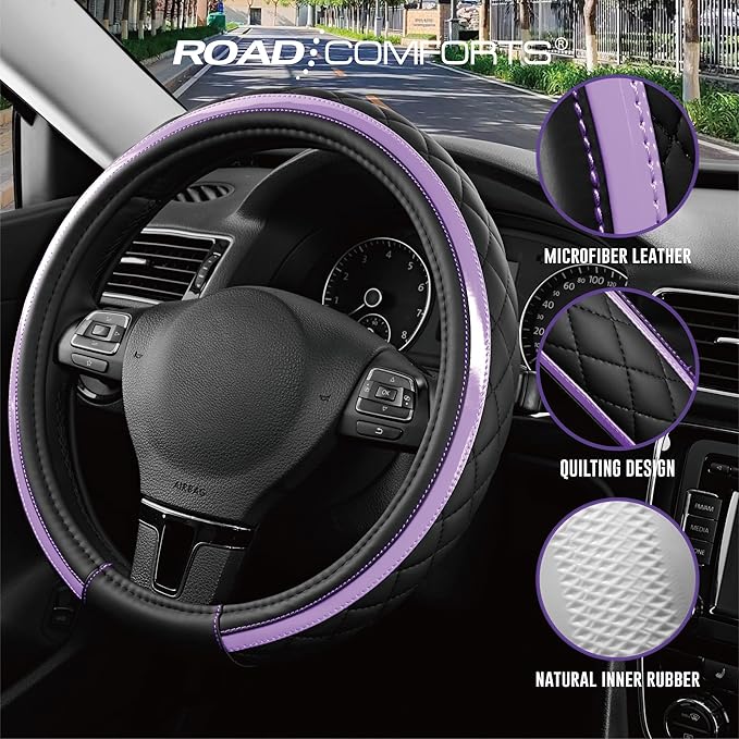Road Comforts Leather Steering Wheel Cover – Black & Purple, Universal Fit 14.5-15 Inch, Microfiber Leather, Anti-Slip & Brea