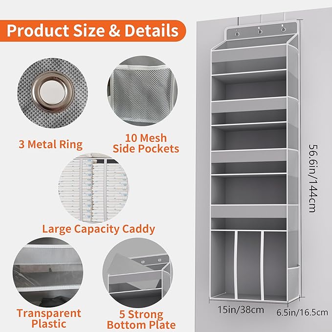 TAHAVICE Heavy Duty Over the Door Organizer with Large Capacity Caddy, Behind Door Storage with 10 Mesh Side Pockets, Back of