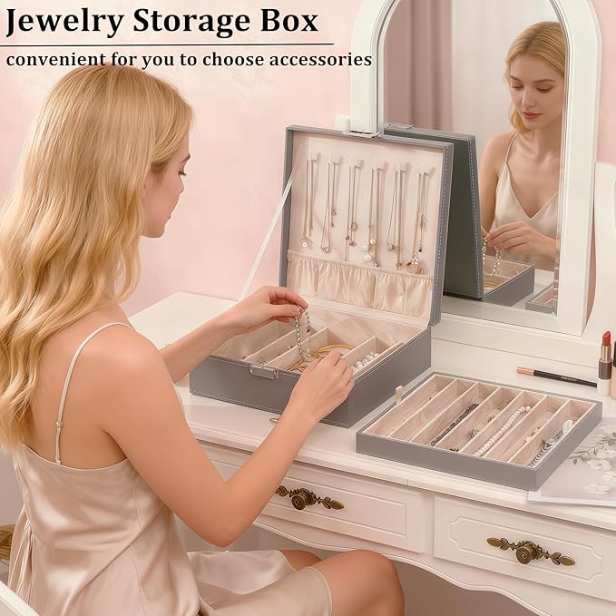 BEWISHOME Jewelry Boxes for Women, 2-Layer Necklace Organizer Box, Modern Style Jewelry Organizers and Storage with Removable