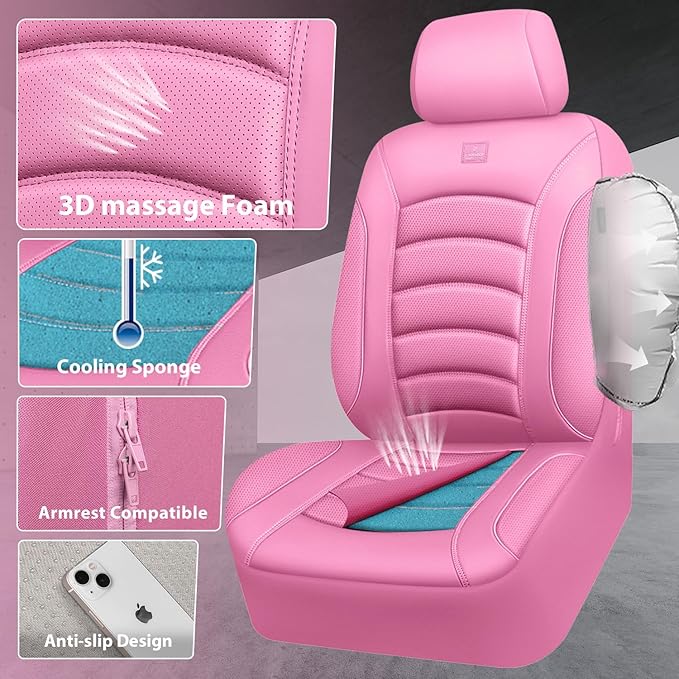 CAR PASS 3D Foam PU Leather Pink Car Seat Covers, Universal Seat Covers Front 2 for Trucks SUV Sedan Automotive Seat Covers A