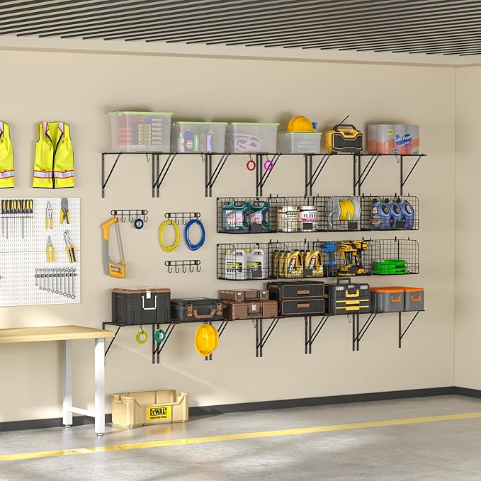 ThreeHio 2 Pack Garage Shelves Wall Mounted with Wire baskets, Heavy Duty Garage Wall Shelving with Hooks, Wire Shelf Baskets