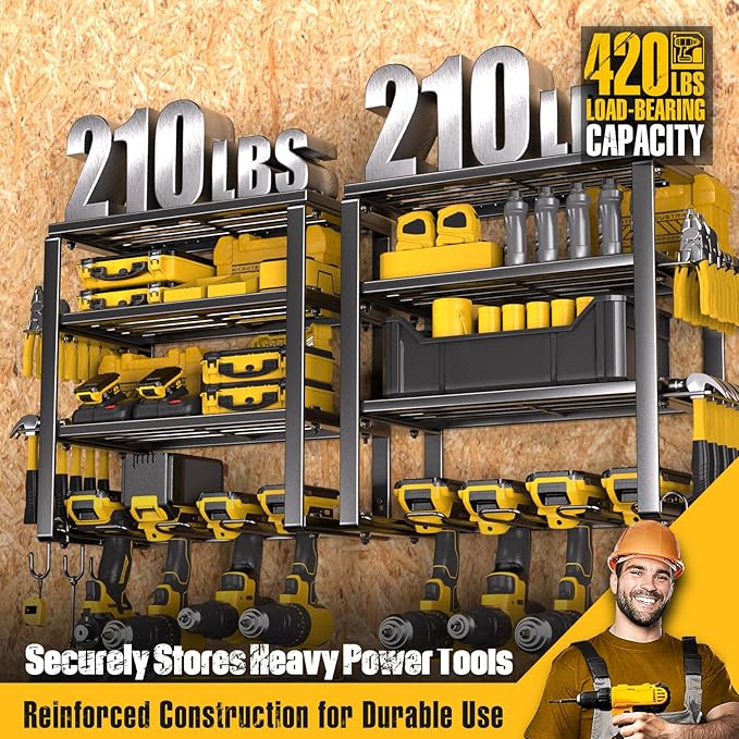 Spampur Power Tool Organizer Wall Mount, Heavy Duty 420LB with 8-Slot Drill Holder - All-in-One Garage Storage for Workshop, 