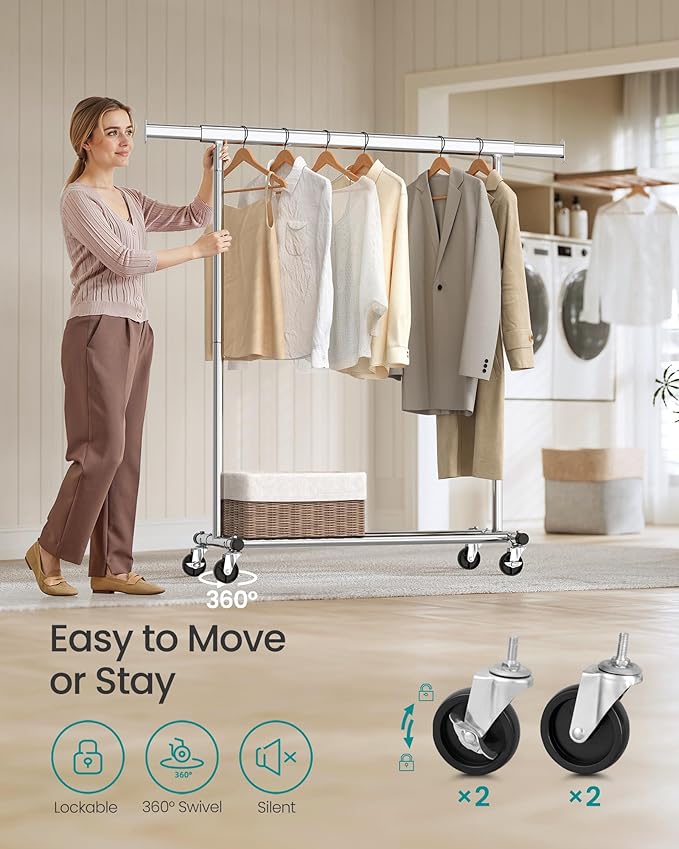 SONGMICS Clothes Rack with Wheels, Heavy-Duty Clothing Rack for Hanging Clothes, Portable, 17.7 x (36.2-52) x 63.6 Inches, wi