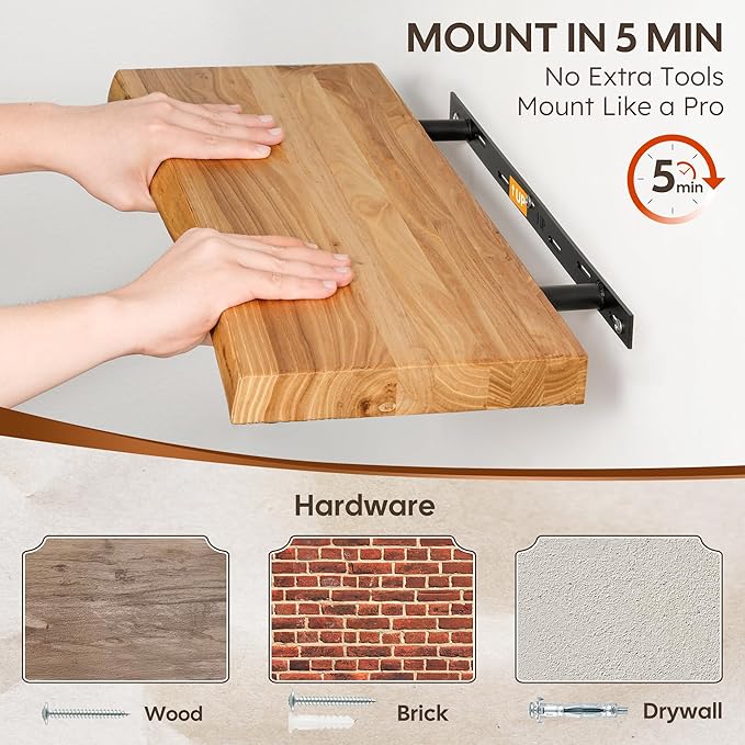 Live Edge Floating Shelf, 40 Inch Rustic Solid Elm Wood - Natural Wood Tone with Invisible Brackets, Wall Mounted for Living 