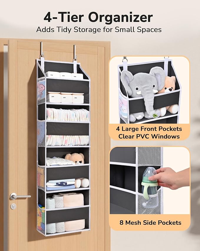 ULG 1 Pack Small Over Door Organizer with 4 Large Pockets 8 Mesh Side Pockets, Hanging Storage Organizer with Clear Window Ki
