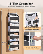 ULG 1 Pack Small Over Door Organizer with 4 Large Pockets 8 Mesh Side Pockets, Hanging Storage Organizer with Clear Window Ki
