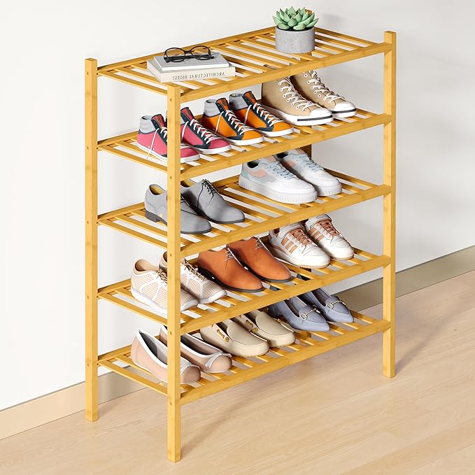 Smiry Bamboo Shoe Rack for Closet, 5 Tier Wooden Stackable Shoe Organizer, Free Standing Shoes Storage Shelf for Entryway, Fr