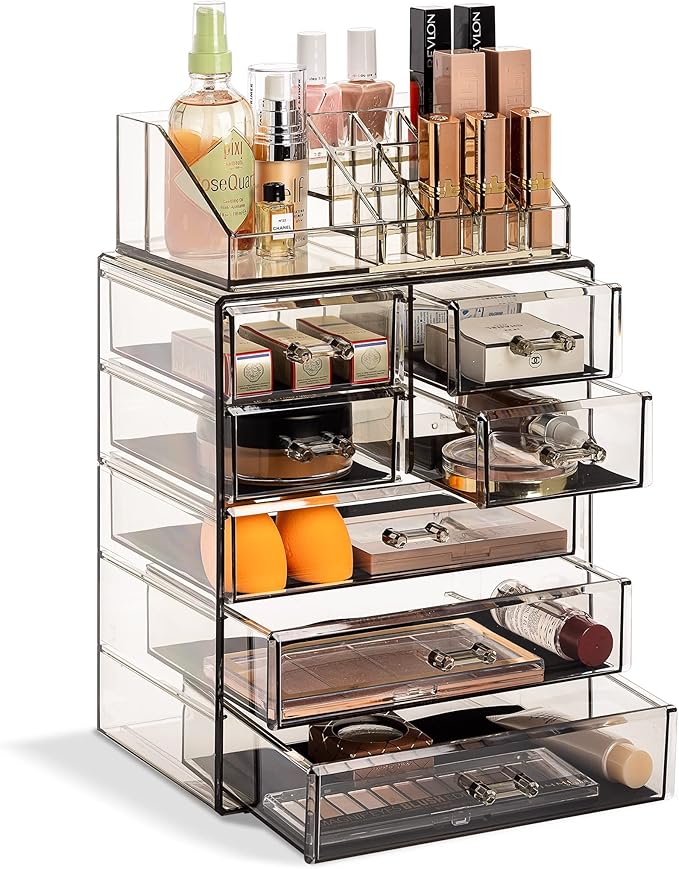 Sorbus Acrylic Makeup Organizer Set, 7-Drawer Vanity & Countertop Cosmetic Storage with Small & Wide Compartments, Black-Tint