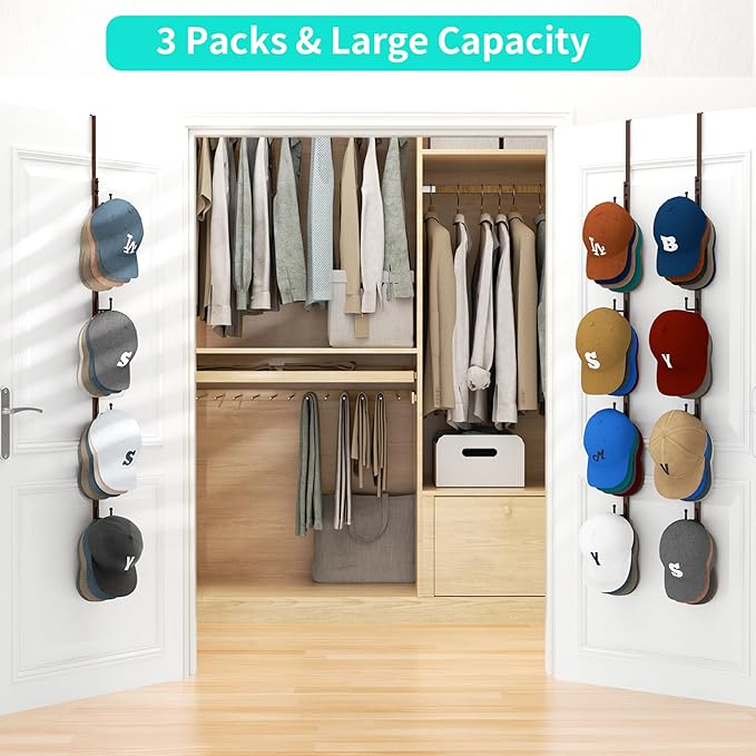 HapiRm Over Door Hat Rack - 3 Packs Hat Organizer with 12 Hooks Design, Hanging Baseball Cap Organizer Storage Holds Up to 60