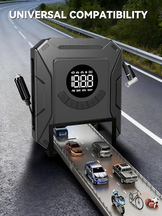 AIRSURE Tire Inflator Portable Air Compressor, 150PSI Fast Inflation Electric Air Pump with Auto Shut-Off & LED Display, 12V DC Air Pump for Car Tire Inflation