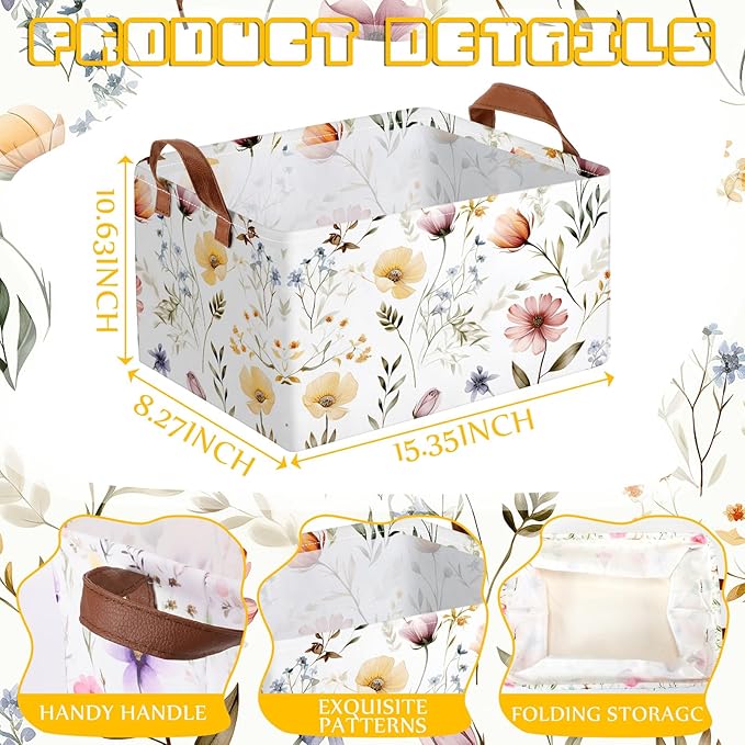 Boao 3 Pcs Wildflowers Storage Bin Wildflowers Collapsible Large Storage Baskets for Gifts Canvas Laundry Basket Foldable Box
