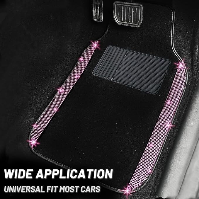 NBTEPEM Bling Car Floor Mats Full Set and Steering Wheel Cover, Universal Fit Most Cars, 4 pcs Sparkle Glitter Diamond Carpet, 5 pcs Bling Car Accessories Set for Women (Pink Diamond)