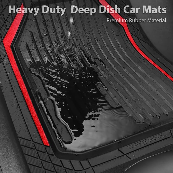 CAR PASS Heavy Duty Rubber Floor Mats for Car, Waterproof Liner Deep Dish Car Mats Full Sets, Universal Trim to Fit for SUV Truck Sedans Vans, All Weather Automotive Floor Mats 3pcs, Black Red