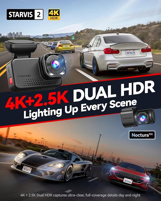 REDTIGER ViewClear 70 4K+2.5K Dash Cam Front and Rear, 8MP STARVIS 2 IMX678 x Noctura™ Sensor, Dual HDR Hyper Night Clarity, 