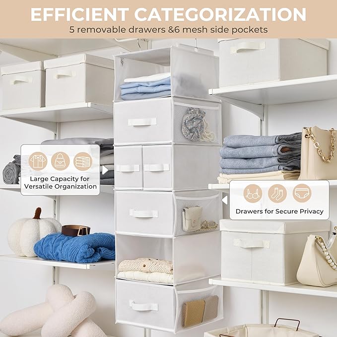 GRANNY SAYS Hanging Closet Organizer and Storage, 6 Shelf Clothes Organization with Drawers, 6 Side Pockets Closet Hanging Sh