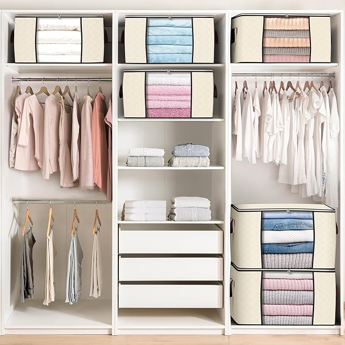 90 L Large Storage Bags, 4 Pack Clothes Storage Bins Foldable Closet Organizers Storage Containers with Reinforced Handle for