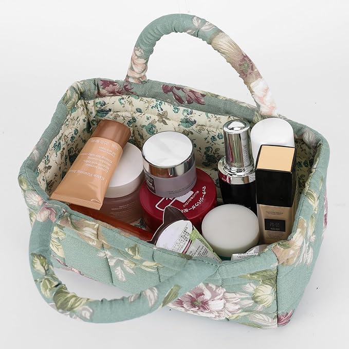 Small Storage Basket Organizer, Mini Fabric Floral Storage Baskets with Handle, Quilted Portable Collapsible Storage (G)