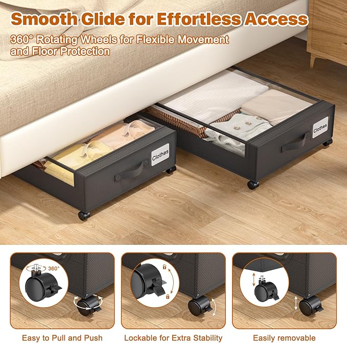 Under Bed Storage with Wheels,XXL 60L Under Bed Storage Containers with Clear Lids, Rolling Under Bed Metal Drawer for Clothe
