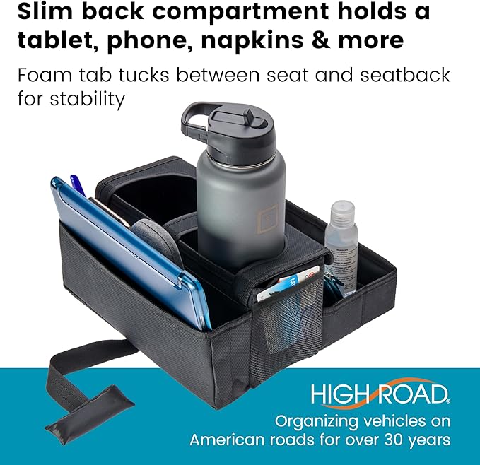 High Road CarHop Jr - Car Organizer with Cup Holders and Storage or Eating Tray for Car - Front Seat Organizer for Drivers and Back Seat Organizer for Kids and Adults
