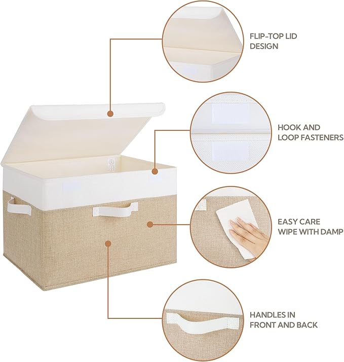GRANNY SAYS Storage Boxes with Lids, Decorative Storage Bins, Shelf Baskets, Clothes Storage and Organization, White/Khaki, 2