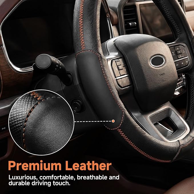 West Llama Car Steering Wheel Cover for Ford F-150(1997-2026), F-250(1997-2026), F-350, 15.5-16 inches, Black + Yellow Line