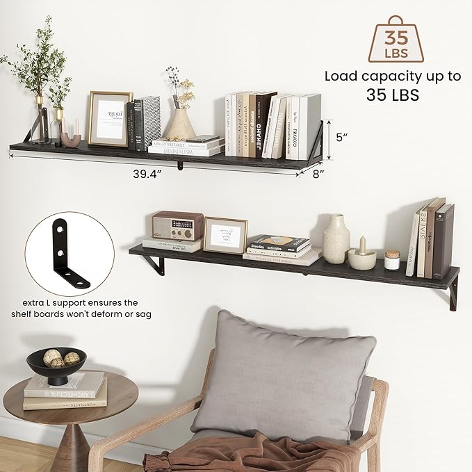 Axeman 40 Inch Floating Shelves | 8 Inch Deep Black Wall Shelves Set of 2 | 39.4" W x 8" D Rustic Black Wood Shelves for Bath