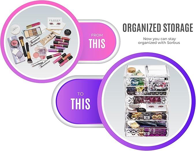 Sorbus Acrylic Makeup Organizer Set, 6-Drawer Vanity & Countertop Cosmetic Storage with Small & Wide Drawers, Diamond Makeup 